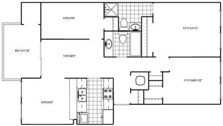 3-bedroom 2-bath apartment floor plan